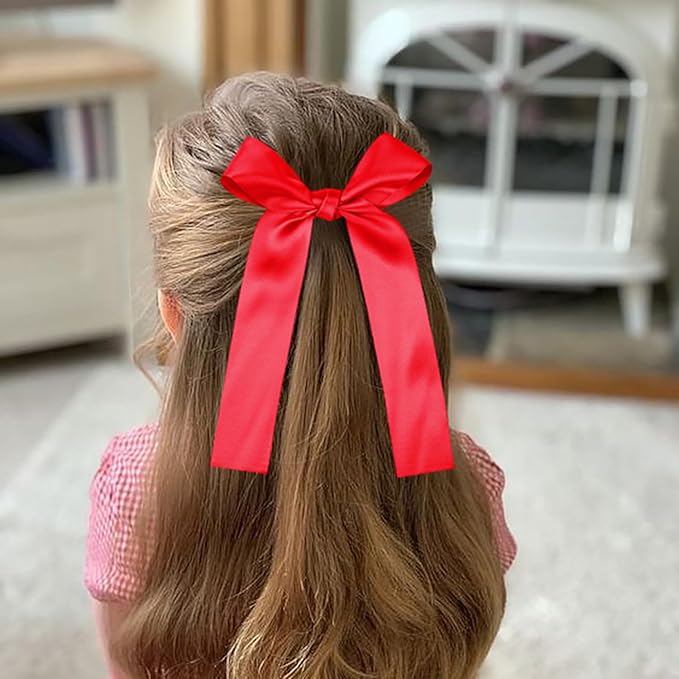 2-Pack Long Satin Ribbon Hair Bows for Girls – Elegant Silk Hair Clips for Toddlers, Infants, Teens & Kids - Red