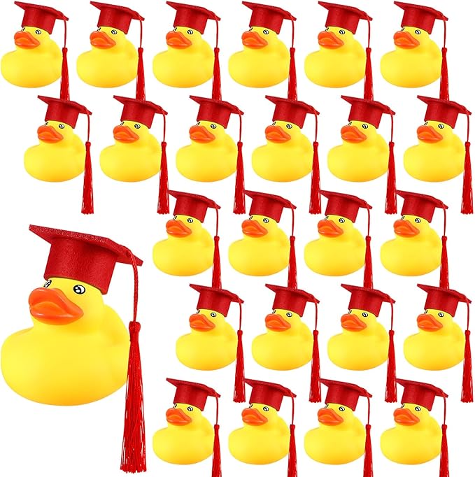 Lenwen 24 Pcs Graduation Rubber Ducks with Grad Cap Mini Rubber Duckies Gifts Bulk for Graduation Party Favors Decoration(Red Grad Hat)