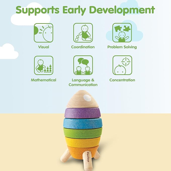 PlanToys® Wooden Stacking Rocket Toy for Toddlers | Montessori Educational STEM Learning Toy | Colorful Wooden Rocket Ship Stacker for Fine Motor Skills, Problem Solving, Preschool Gift