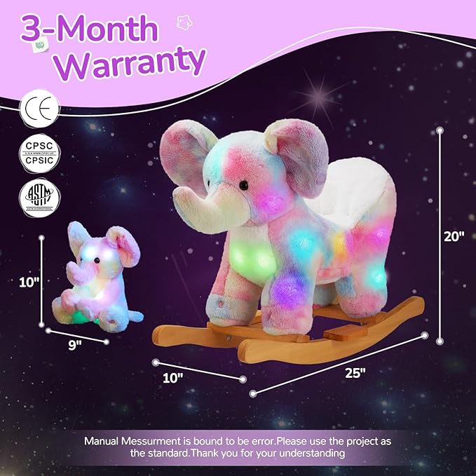 Glow Guards Light up Musical Elephant Baby Rocking Horse, Rainbow Elephant Rocker Set of 2 with Elephant Stuffed Animal, Stuffed Plush Ride-on Rocking Animal for Toddlers Baby Girl Ages 1-3