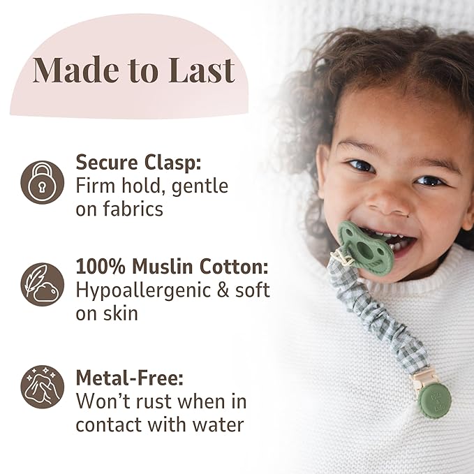 Muslin Cotton - Metal-Free Pacifier Clips, Lightweight and Secure Pacifier Holder for Babies (Olive Graine) - Mila & Lulu