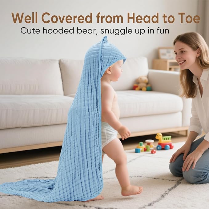 MIGIOL Muslin Baby Towels 100% Cotton ，Super Soft Muslin Baby Bath Towel - 32 x 32 Inches, Suitable for Newborn and Young Children up to 3 Years Old. (Light Blue & Dark Blue)