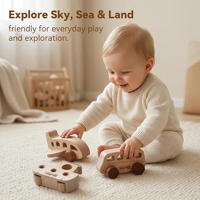 Wooden Toys for 1 Year Old – Montessori Baby Toy Set with Bus, Airplane & Boat – Minimalist Nursery Decor & Teething Safe Infant Toys for Boys and Girls – 3 Piece Ergo-Fit Set