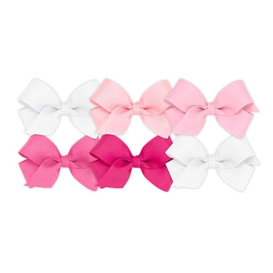 Wee Ones Girls' Mini Bow 6 pc Set Solid Grosgrain Variety Pack on a WeeStay Clip - White, Light Pink, Pearl, Hot Pink, Shocking Pink,One Size