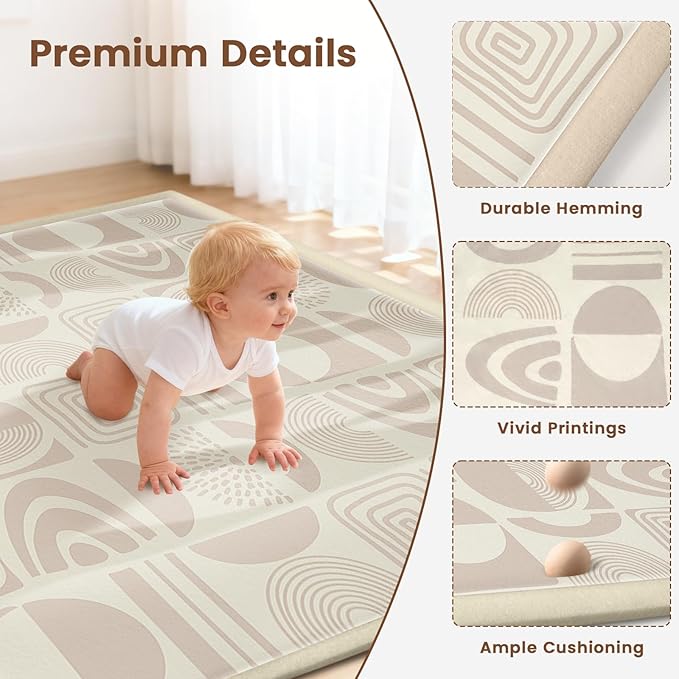 59"×71" Baby Play Mat for Floor & Playpen, 1.2" Thick High-Density Foam Nursery Mat for Tummy Time, Soft Plush Carpet with Non-Slip Bottom for Infant Toddler Baby Crawling & Playing (Khaki)