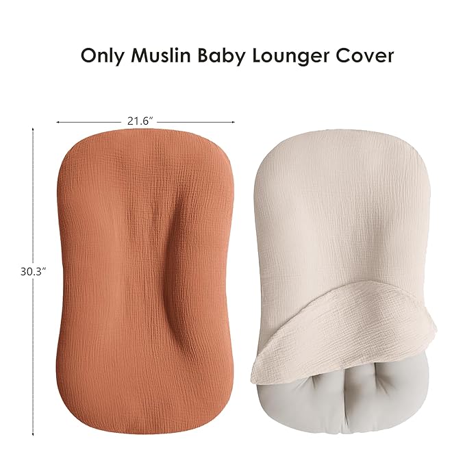 MairMore Muslin Baby Cover for Newborn, Soft and Breathable 100% Cotton Lounger Slipcover Neutral, Pack of 2(Caramel)