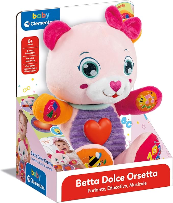 Clementoni - Cute Bear Stuffed Animals Interactive Early Childhood Educational 6 Months Baby Doll Music Lights and Sounds Battery Powered Italian 17964 Multi-Coloured