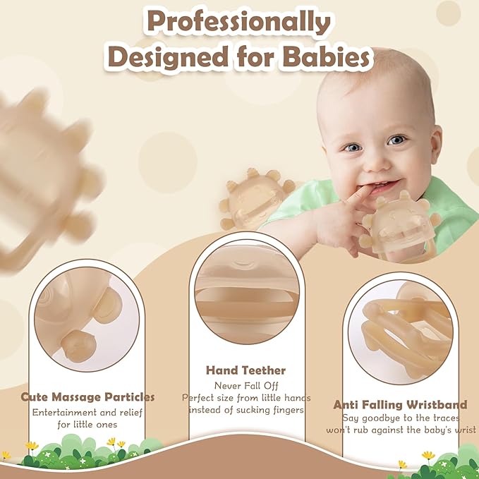 Anboor Baby Teething Toys, Silicone Teethers for Babies Anti Dropping Hand Teether, Infant Baby Chew Toys for Teething Relief, Ideal Present for Newborn Soon-to-be Mothers（Brown）