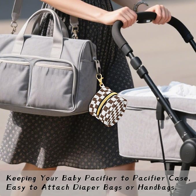 Brown Checkerboard Print Pacifier Holder Case for Diaper Bag Portable Travel Pacifier Storage Case with Clip Newborn Baby Pouch for Baby Boys Girls Purse Outdoor