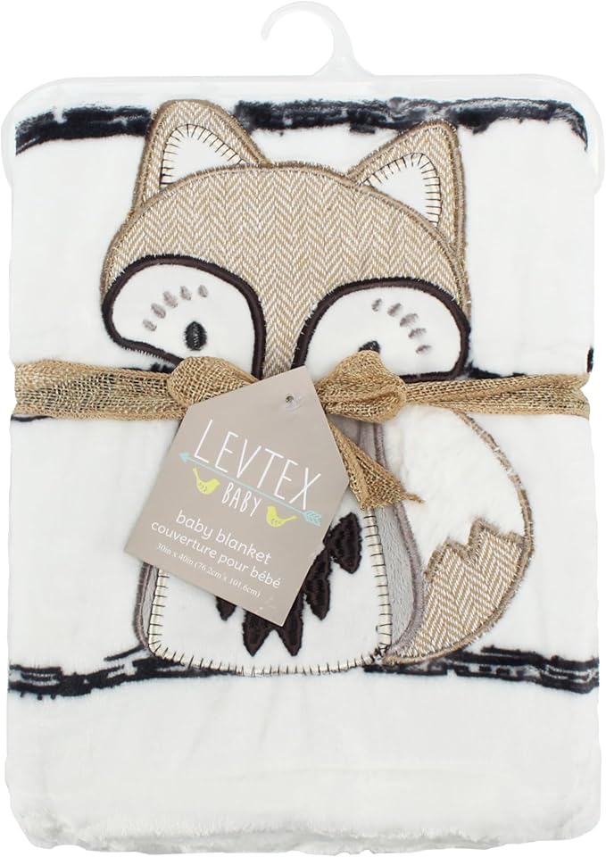 Levtex Baby - Bailey Plush Blanket - Appliqued and Embroidered Fox on Striped Plush - Charcoal, Taupe, White - Nursery Accessories - Blanket Size: 30 x 40 in.