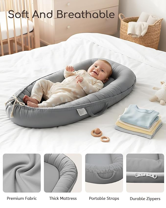 Baby Lounger - Infant Lounger for Newborn 0-24 Months, Pure Cotton Breathable Baby Nest Lounger, Newborn Essentials for Baby Boys & Girls, Portable Baby Lounger for Home and Travel