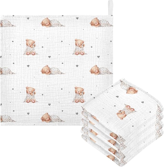 vvfelixl Baby Washcloths Cotton Cute Sleeping Teddy Bears Baby Muslin Washcloths Soft Baby Face Towel for Newborn Infants Baby Wipes, 11.8 X 11.8 inch, one sizex3