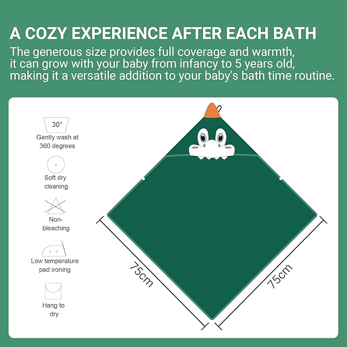 MICHLEY Bamboo Viscose Baby Hooded Bath Towel for Boys and Girls, 29.5 x 29.5 Inch Ultra-Soft and Quick-drying Infant Bath (Dinosaur)