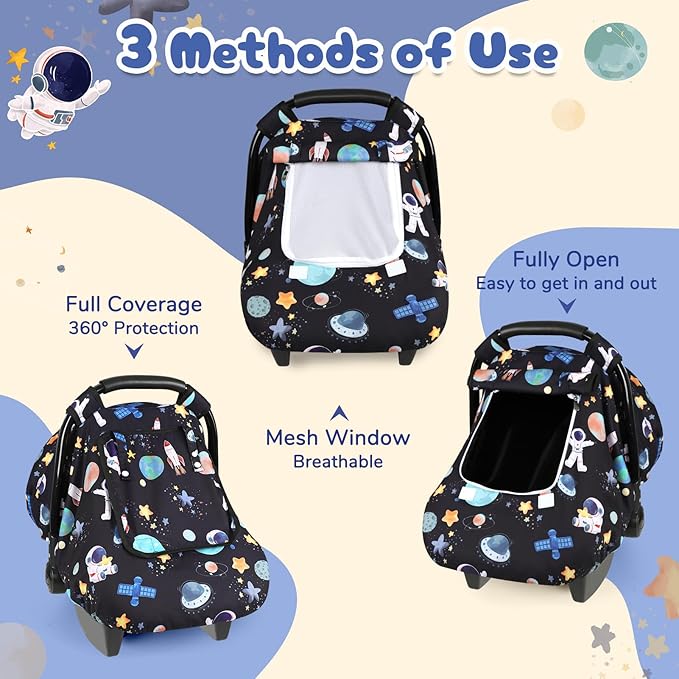 Baby Car Seat Cover, Windproof Carseat Cover for Infant Girls, Infant Warm Carseat Canopy with Double Layer Fabric for Winter, Compatible with Most Baby Car Seat, Black Space
