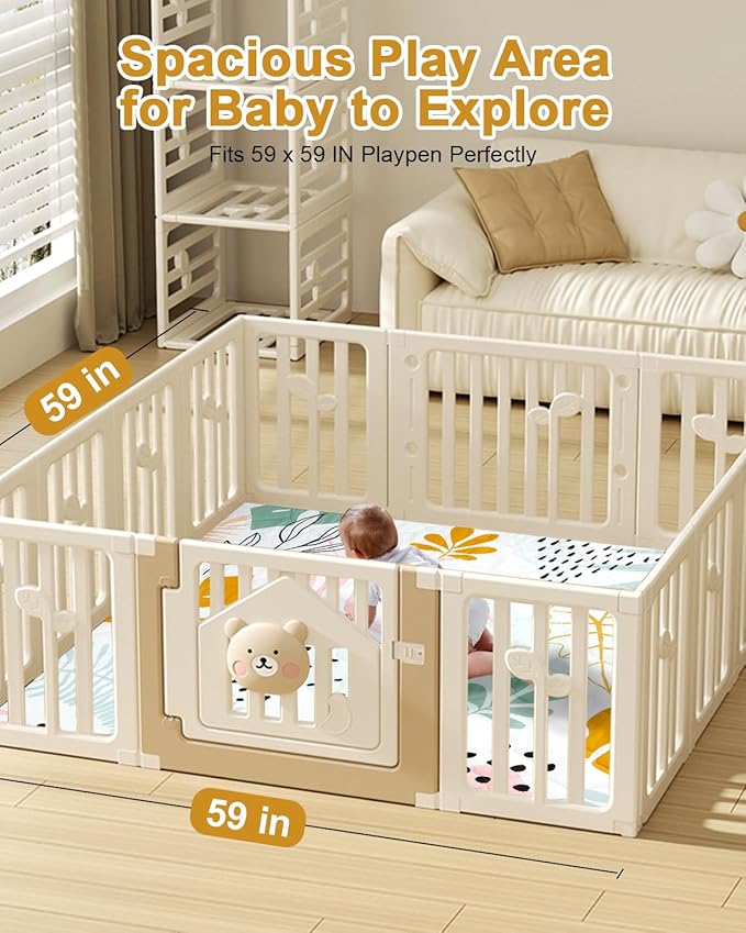 TINYHARBO Premium Foam Baby Play Mat 59x59 – Removable & Machine Washable Cover, Extra Thick Padding Playpen Mat, Non-Slip Crawling Mat, Easy to Clean for Infants, Toddlers & Babies