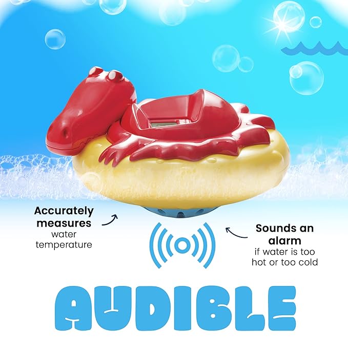 Aquatopia Charlie Crocodile Baby Bath Thermometer with Digital Audible Alarm, Floating Toy, Beeps Too Hot or Too Cold, Red