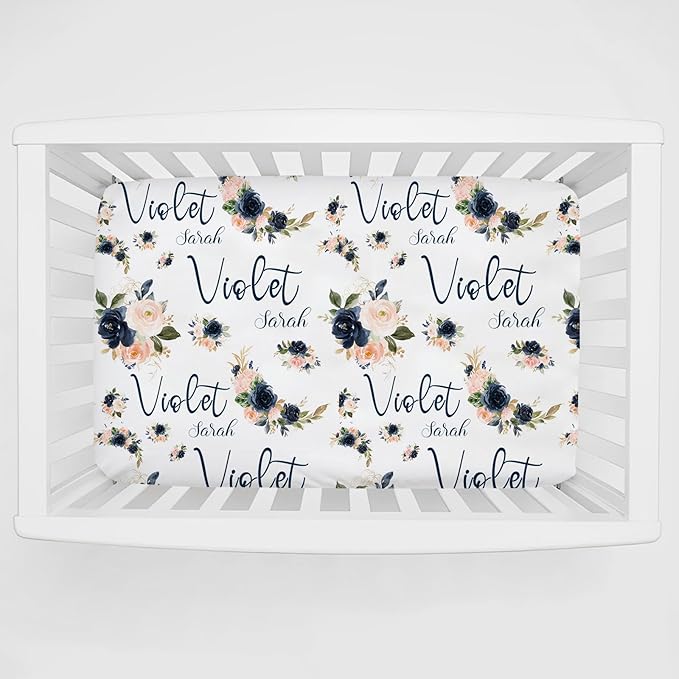 Personalized Pack 'n Play Sheets - Custom Floral Baby Mini Crib Sheets for Girls, Fitted Sheet with Name, Soft and Breathable Material