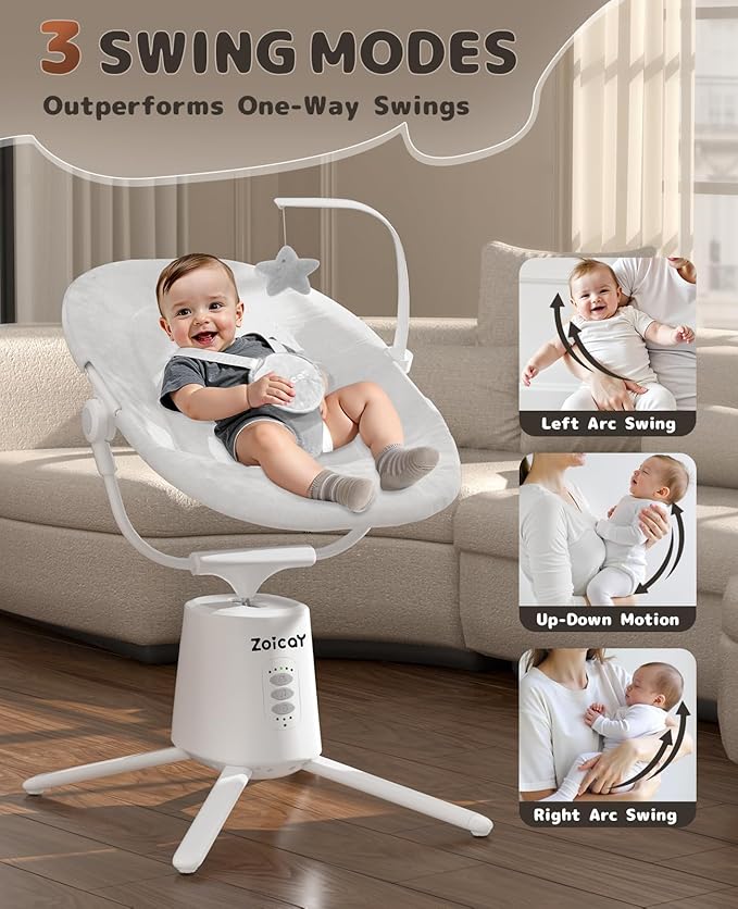 Zoicay Baby Swing,Baby Swings for Infants with 3 Modes & 5 Speeds, BT Enabled App & Remote Control, Electric Swing – 6 Lullabies and 3 Timer Setting, 2 Seat Positions and 5-Point Harness Swing (White)