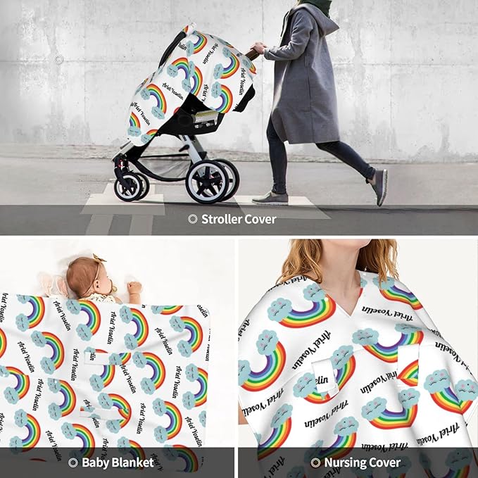 Personalized Baby Car Seat Cover Canopy with Name for Girls Boys Custom Rainbow Baby Carrier Covers