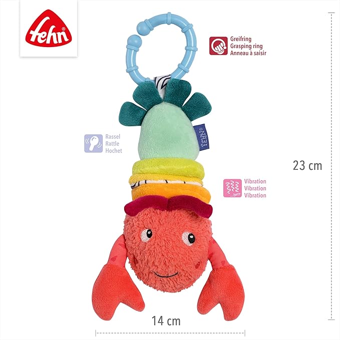 Fehn Lobster with Vibration, Motor Skill Toy for Hanging Pram, Cot and Baby Seat, for Bite, Grasping and Sound Production, Toy for Babies and Children from 3 Months