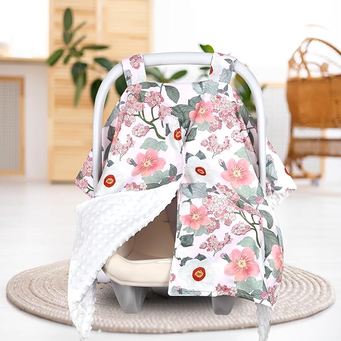 TANOFAR Baby Carseat Canopy, Peekaboo Opening Car Seat Canopy for Babies, Soft and Breathable Infant Carrier Canopy, Multi-use Baby Carrier, Stroller, Nursing Cover, Minky Blanket, Retro Flower