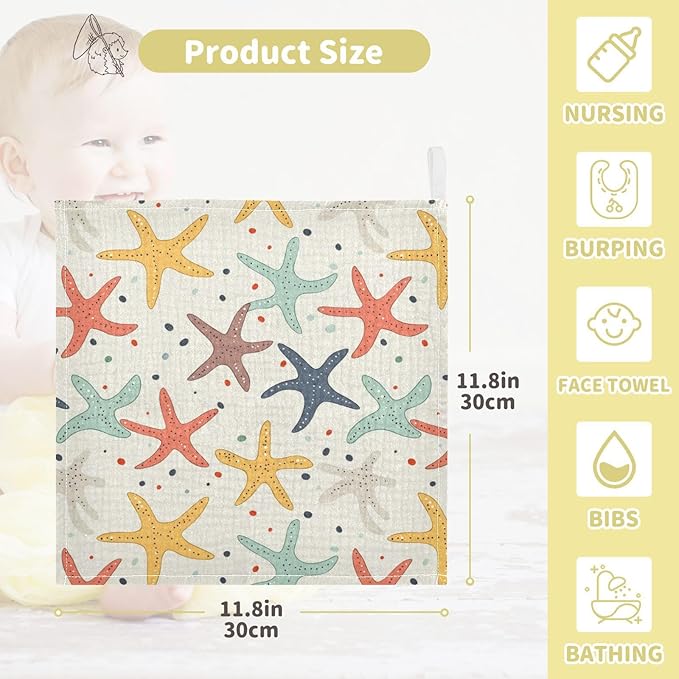 vvfelixl Baby Muslin Washcloths Colorful Starfish Baby Burp Cloths Cotton Babys Face Towel for Newborn Infants Boys Girls Soft and Absorbent 11.8 X 11.8 in, 3 Pack