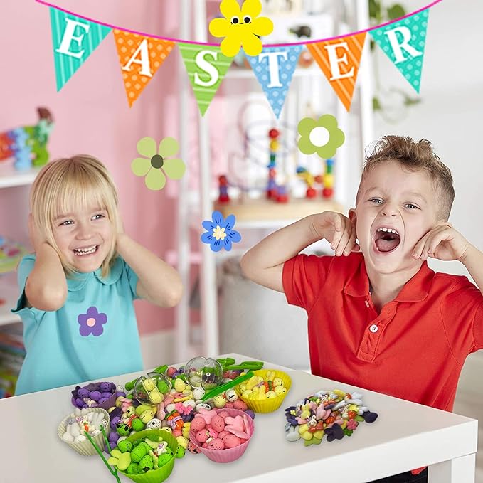 226pcs Easter Sensory Bin Filler Fine Motor Toys Spring Sensory Bin Items 100 Easter Foam Eggs 50 Felt Easter Flowers 50 Felt Bunny 10 Resin Rabbit Figurines for Easter Counting Sorting
