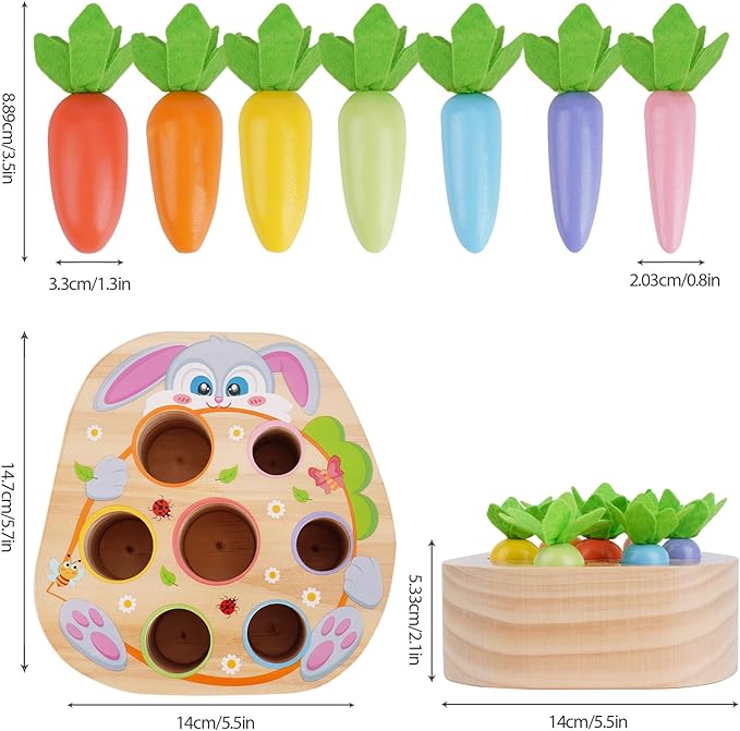 KMTJT Montessori Toys for 1 2 3 Year Old Toddlers, Rabbit Carrot Harvest Game Wooden Toys for 6-12 Months Baby Boys and Girls, Shape Sorting Matching 1st Birthday Easter Gifts for Babies 1-3 (Macron)