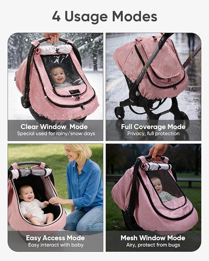 TinlyFinly Waterproof Car Seat Cover for Baby, 2-Layer Car Seat Rain Cover with Clear Window & Sunshade & Mesh Cover, Universal Infant Carseat Canopy for Stroller, Protect from Rain and Snow - Pink
