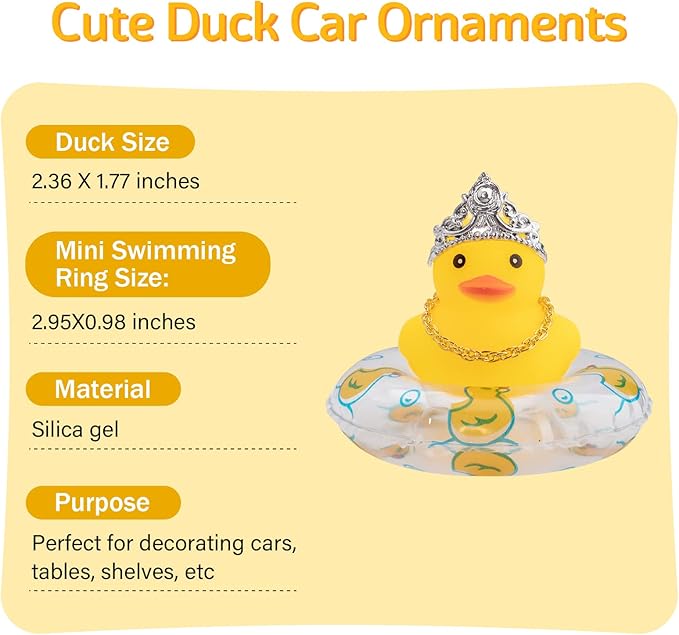 wonuu Car Duck Rubber Duck Car Ornaments Duck Car Dashboard Decorations with Cute Headband Swim Ring Necklace Sunglasses, C-Female Crown&Gold Chain
