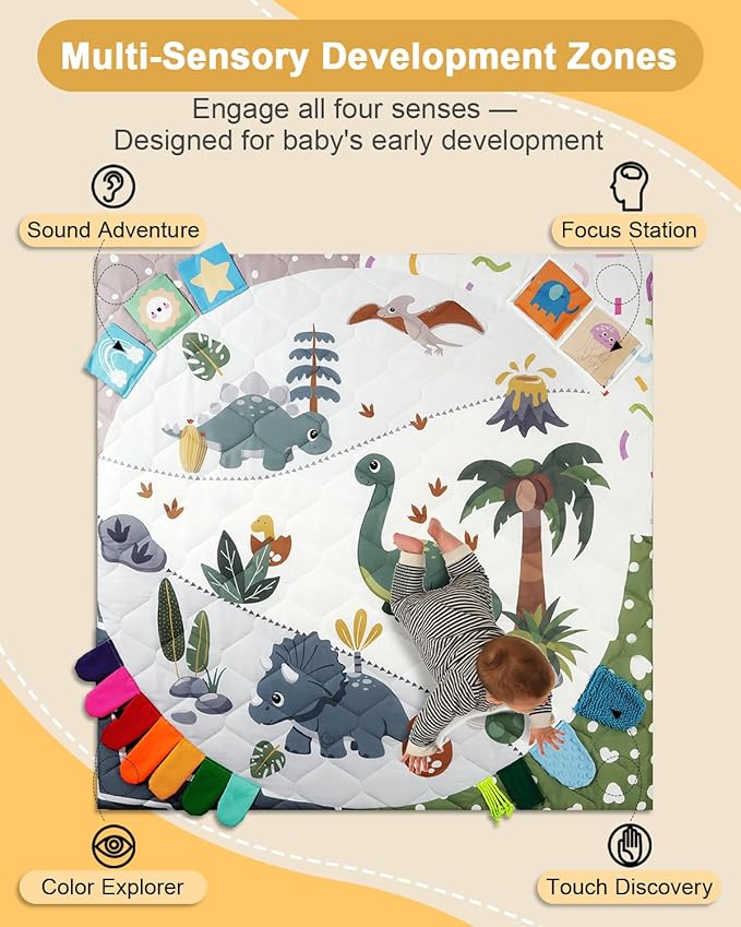 TINYHARBO Premium Foam Baby Play Mat 50x50, 4 Developmental Zones Play Mat with Removable & Machine Washable Cover, Extra Thick Padding Playpen Mat, Easy to Clean for Infants, Toddlers & Babies