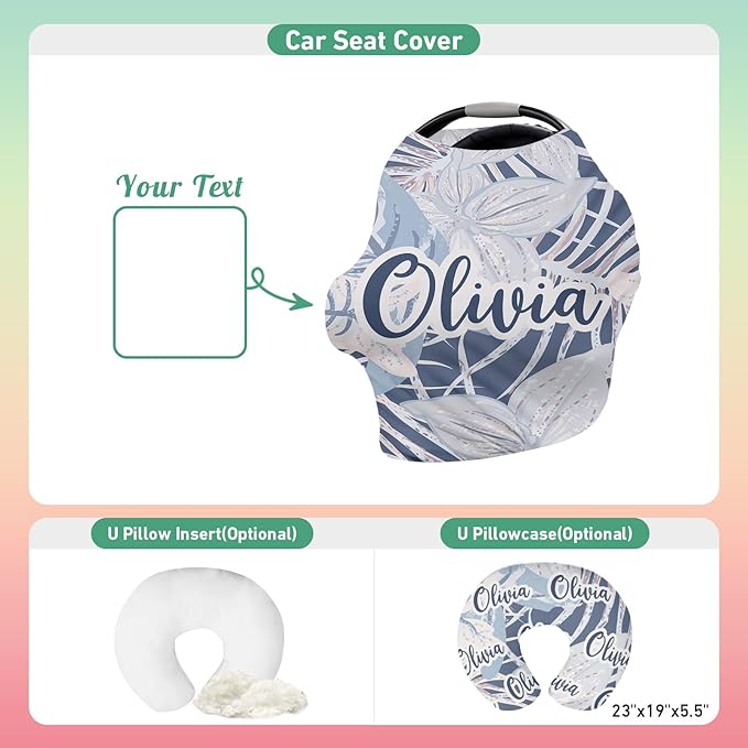 Personalised Car Seat Cover for Girls and Boys - 7 in 1 Multipurpose Breast Feeding Cover, Nursing Cover, Grocery Cart Cover - Birthday Gift for Babies Blue Leaf Pattern