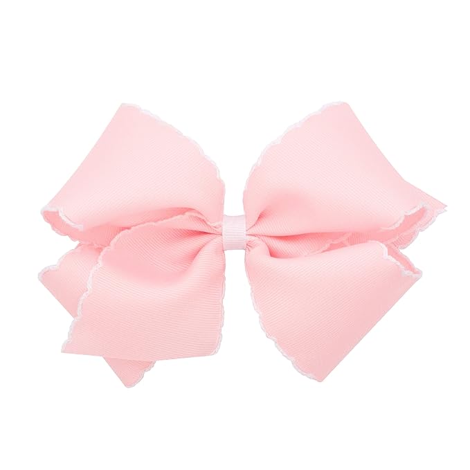 Wee Ones Girls' Classic Grosgrain Moonstitch Edge Hair Bow, No-Slip Hair Clip, Handmade, Light Pink with White, King