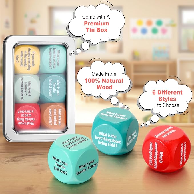 Simgoing 6 Pcs Conversation Cube Ice Breaking Supplies Table Talk Topic Cube Social Emotional Learning Activities Wood Conversation Starter Dice with Tin Box for Kid Counselor Therapist