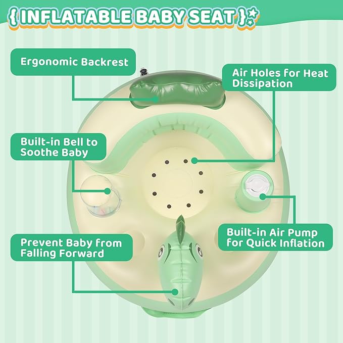 Baby Seat Inflatable Infant Floor Seat Toddler Chair Support Sitting Up Built in Air Pump with Tinkling Bells for 5-36 Months Home and Travel (Green)