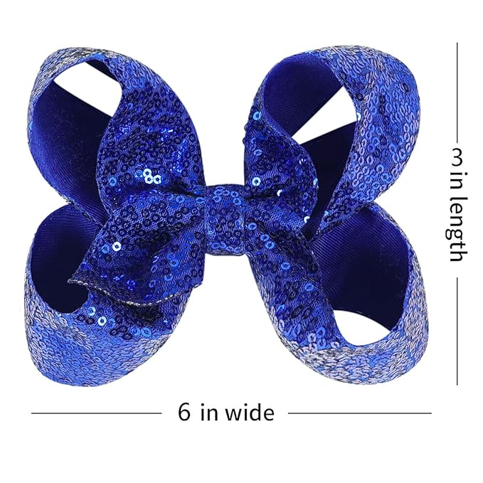 6 Inch Royal Blue Sparkly Glitter Sequin Hair Bows for Girls Toddlers Kids Children Teenage (2PCS)