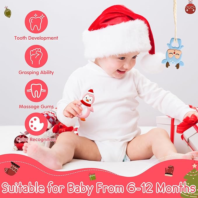 Christmas Silicone Teether for Babies - 2ooya 3Pcs Santa Penguin Deer Soothe Teething Chew Toy Infant Toddler Sore Gums Relief Teether Toy The First Christmas Gift Baby Shower for Newborn Boy Girl
