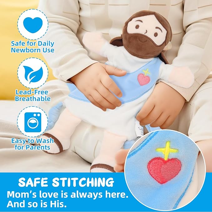 Yelakey Baby Lovey with Teether, Jesus Security Blanket with Crinkle Tags, Soft Minky Velour Newborn Girl Boy Gift with Bell for Baby Shower, Baptism or Birthday Essentials