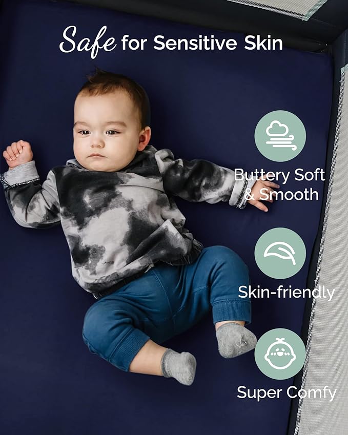 Pack and Play Sheets Fitted – Compatible with 4moms Breeze Plus Playard and Other Large Playpen Mattress – Buttery Soft Jersey Playard Sheets, Grey + Navy + Cloud, 3 Pack
