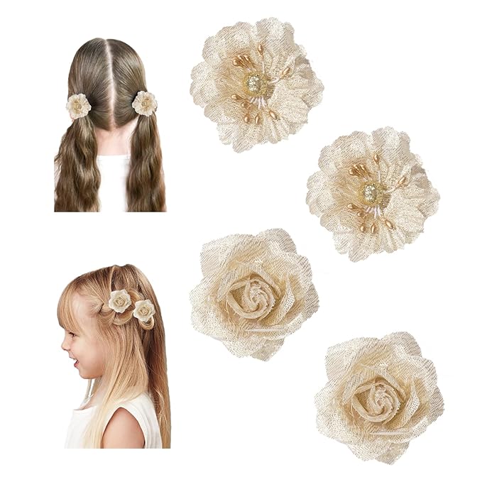 Baby Girls Floral Hair Bows Clips, 4Pcs Glitter Gold Flower Hair Barrettes Alligator Clips, Hair Accessories for Toddlers Kids Teens