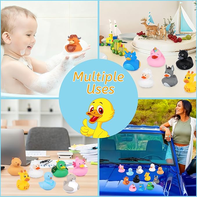 12PCS Rubber Ducks - Assorted Rubber Ducks with Black Cat,Highland Cow,Sheep Bath Toys,Toddler No Hole Ducks for Jeeps,Baby Bath Toys, Animal Bath Duckies for Baby Shower Pool Party Favors