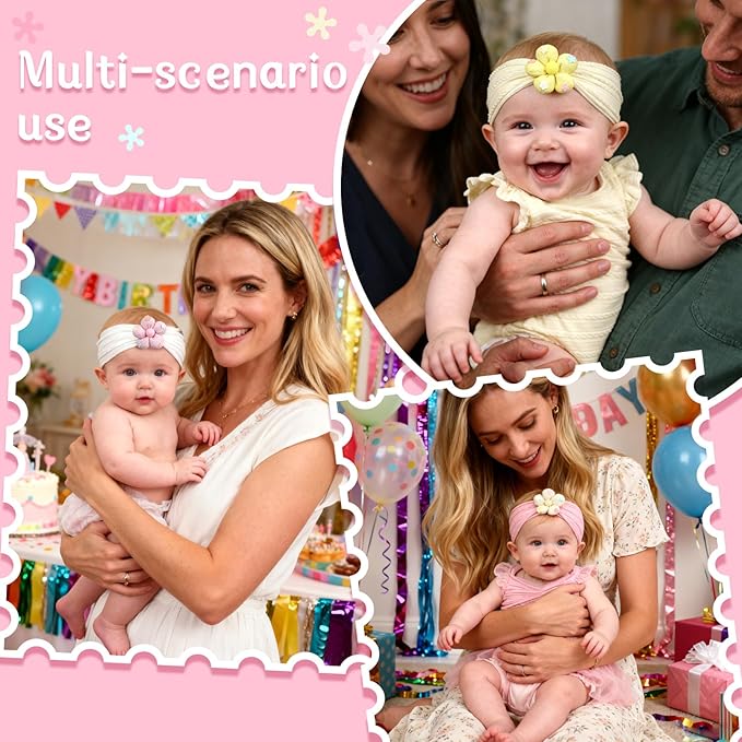 MIUXUESO 3 Piece Baby Girls Flower Headband, Florals Nylon Headband Soft Comfortable Elasticity Hairbands Baby Shower Newborn Essentials for Infant Toddlers (Yellow Pink White)