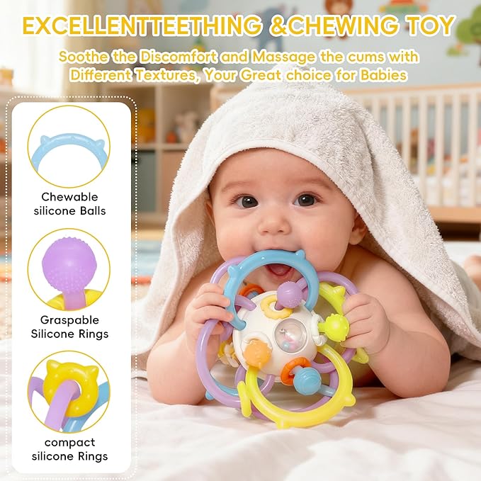 ANGELLE Silicone Teething Toys for Babies 0-18 Months, Montessori Sensory Teethers for Gum Relief, BPA Free Food Grade Chew Toys