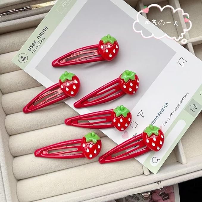 Strawberry Snap Clips Baby Girls Fruit Hair Bow Clips Strawberry Hair Ring Tie BBW24 (6 Pcs-C4)