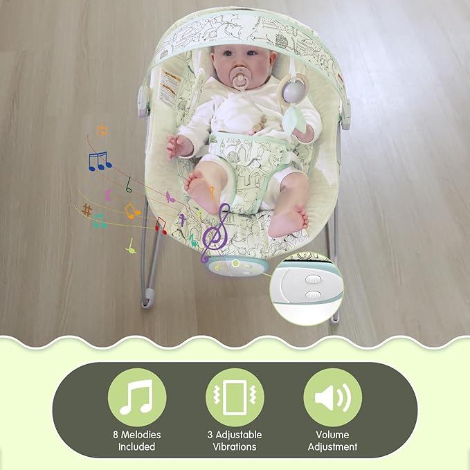Portable Baby Bouncer Seat with 8 Melodies, 3 Vibration Levels & Adjustable Volume, Foldable Infant Bouncer Rocker with Safety Harness for Baby 0-6 Months, Indoor & Outdoor Use BR2404