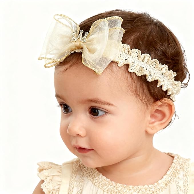 Baby Girls Hairbands bows Headband Stretchy Soft Flower Hairband Toddler Handmade Headbands with Pearls Elastic Headband for Infant Toddler Girl Hair Accessories (Beige Bow, Elastic)