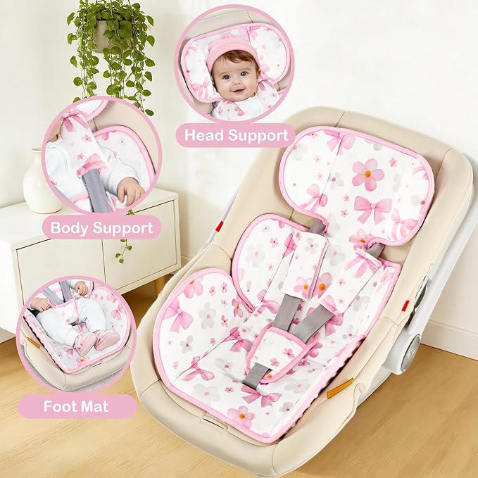 Hooyax Infant Car Seat Insert with Ultra-Thick Head Support - Universal 3-in-1 Baby Car Seat Cushion Set, Dual-Sided Newborn Carseat Insert for Carseat, Stroller, Bouncer, Swing(Bow)