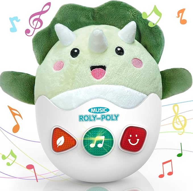 Baby Dinosaur Toys 0-3-6-12 Months, Musical Infant Toys with Light & Sounds, Soft Plush Stuffed Animal, Newborn Boys Girl 1st Birthday Shower Gift, Roly-poly Sensory Tummy Toy Easter Egg Gifts