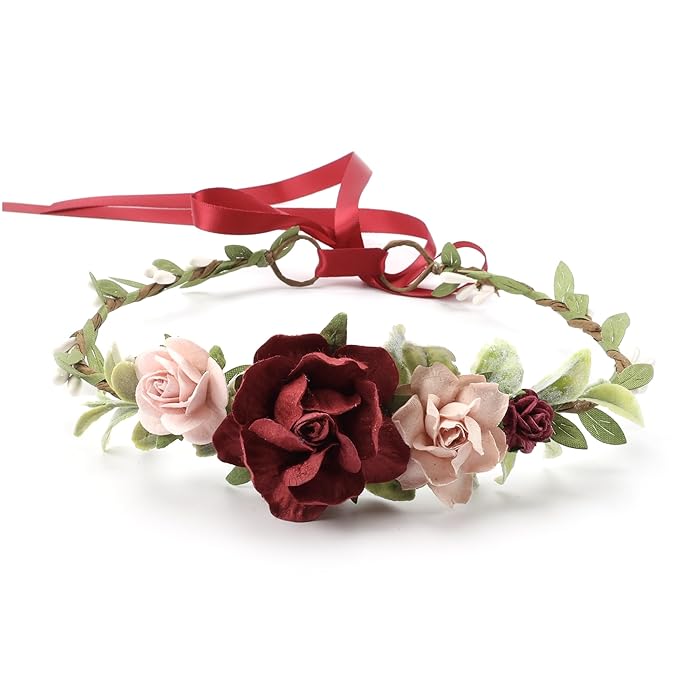 Flower Crown for Girls Floral Headpieces Kids Headband Wedding Halo Hair Pieces Children Hair Wreath Photo Prop (Burgundy-Child Size)