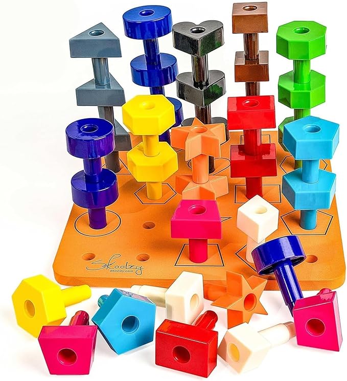 Skoolzy Peg Board Set - Montessori Toys for 2 Year Old - 38 Pc Plastic Peg Board for Kids with Shapes - Occupational Therapy Toys with Pegs, Dice, Lacing String & Storage Bag